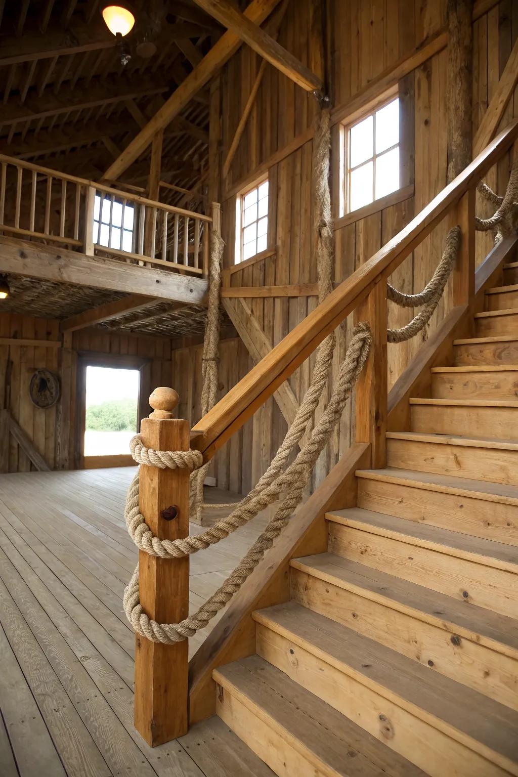 Rope banisters introduce a nautical theme to barn stairs.