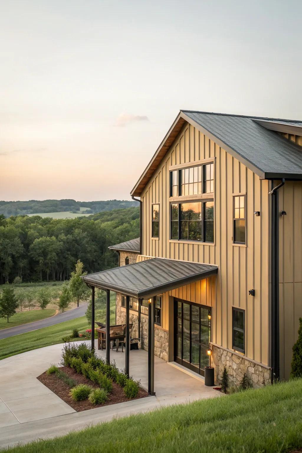 Neutral colors help the barndominium blend beautifully with nature.