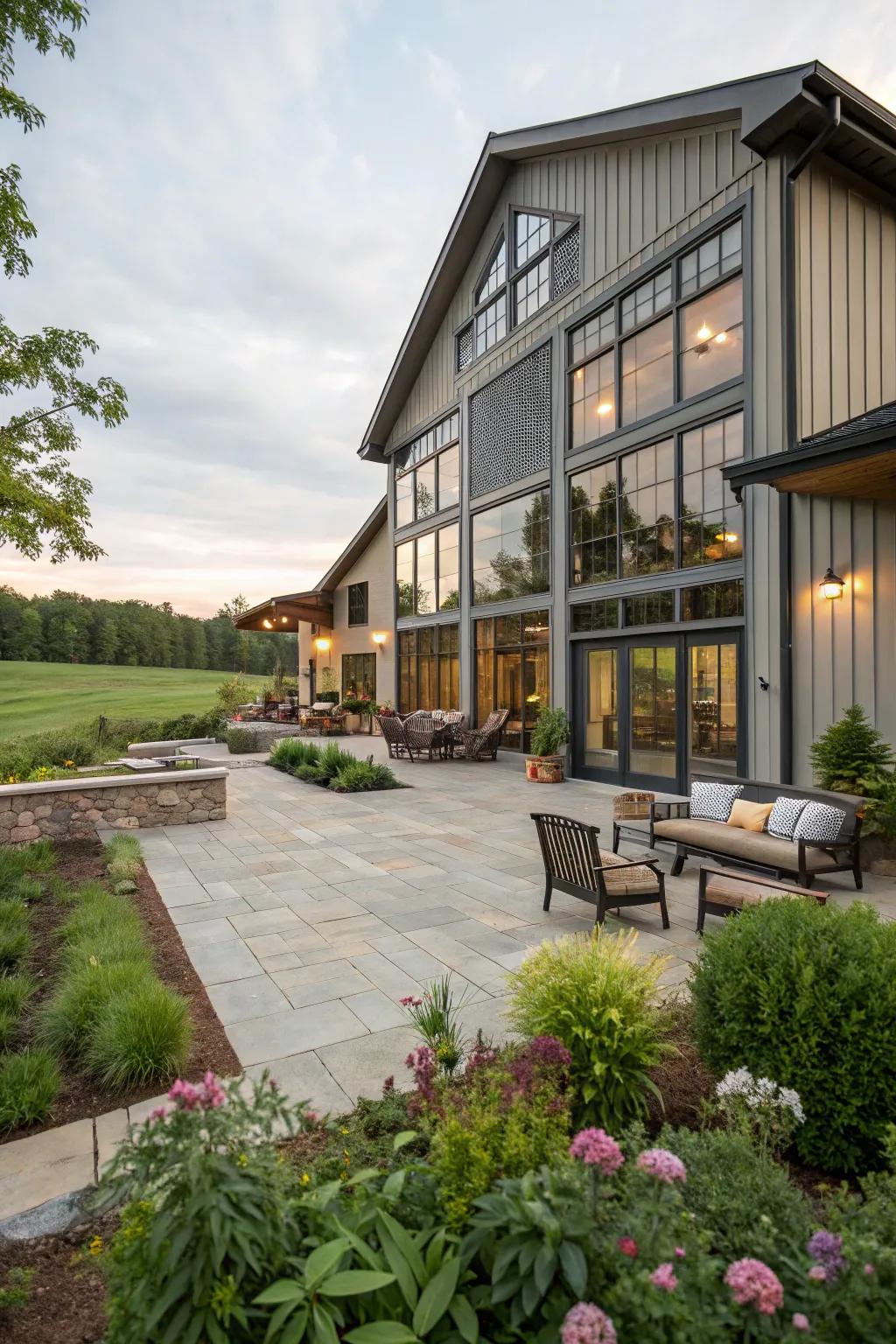 A smooth incorporation of interior and exterior spaces in this charming barndominium.
