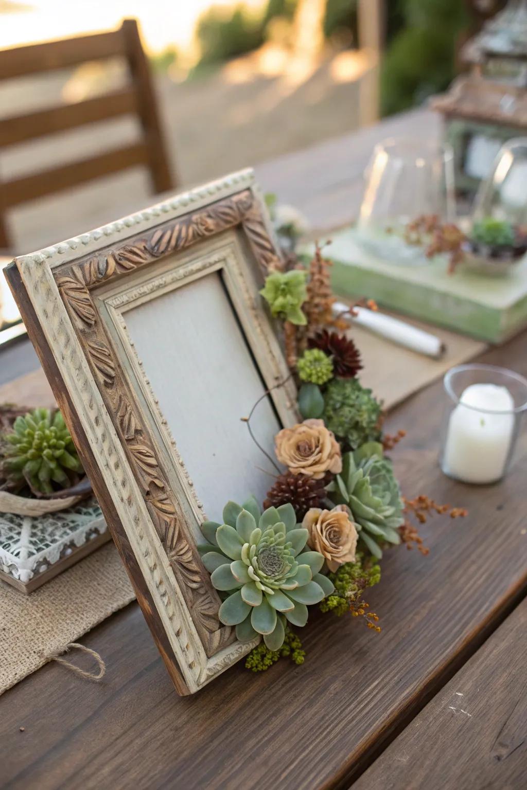 A reclaimed wood frame embellished with succulents and dehydrated flowers.