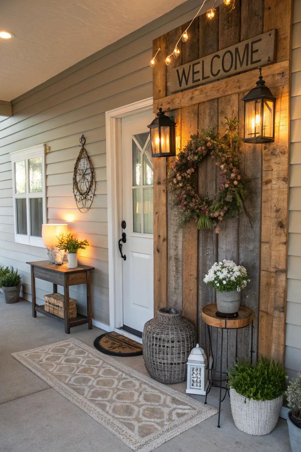 An inviting entryway featuring a barnwood wall.