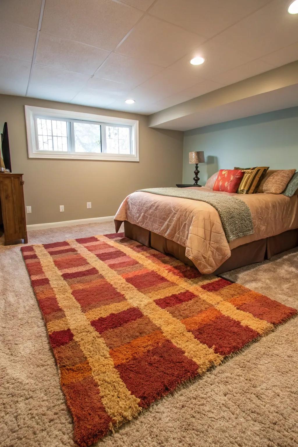 A large plush area rug adds warmth and comfort to this basement bedroom.