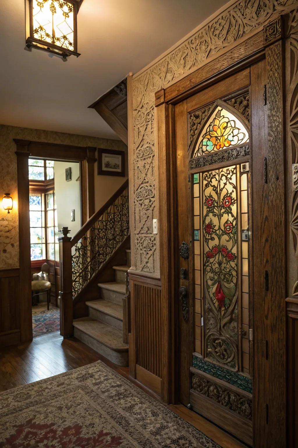Decorative features on a basement door enhance its character and elegance.