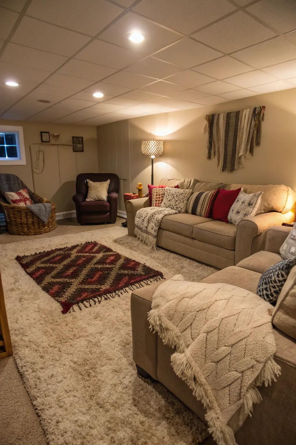 Soft textures enhance the coziness of this inviting basement.