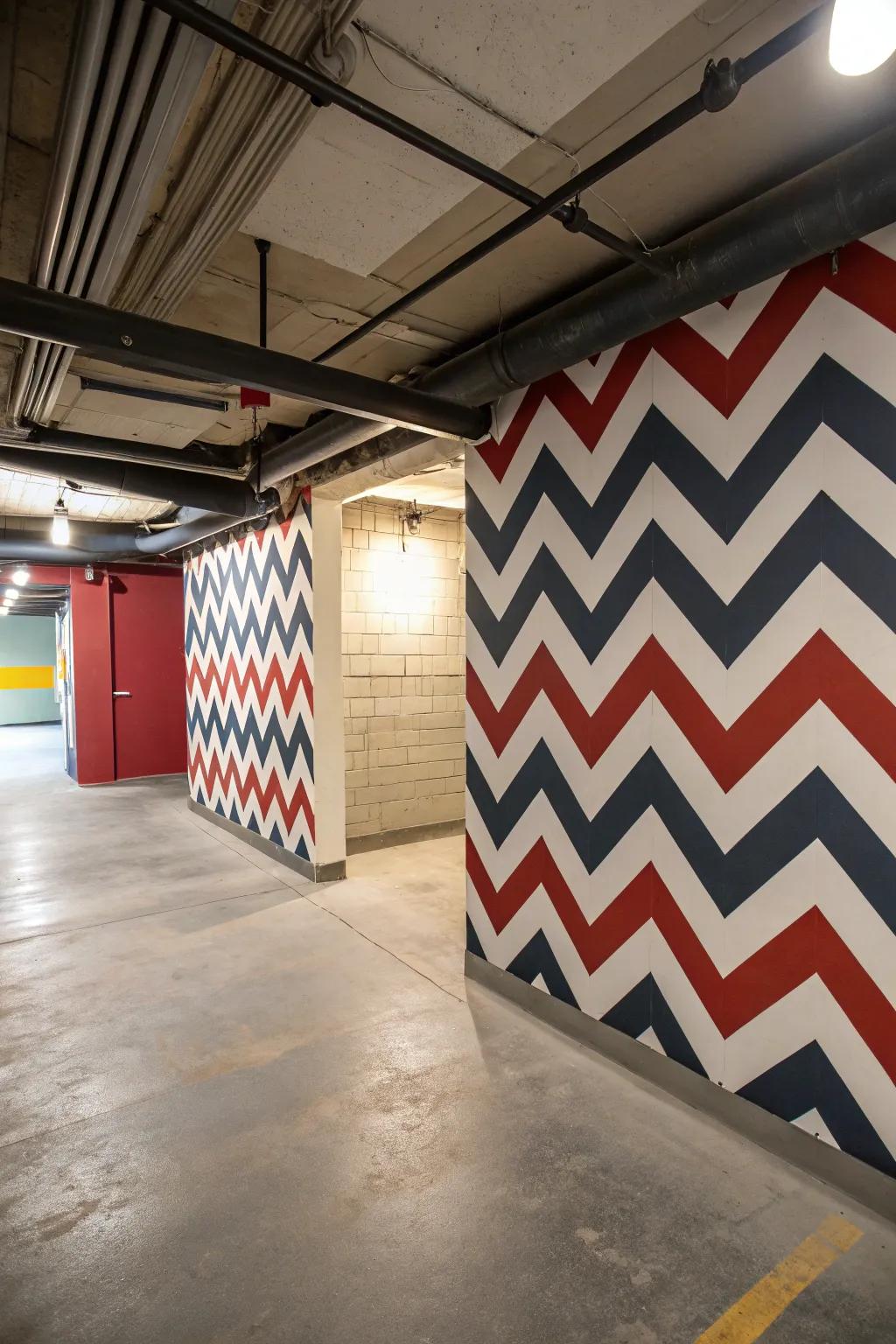 Bold patterns like chevron can bring energy and style to basement walls.
