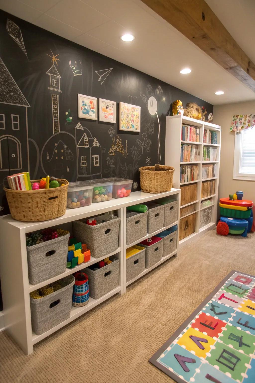 A vibrant playroom for children is situated in the basement, highlighted by colorful decor and a chalkboard wall.
