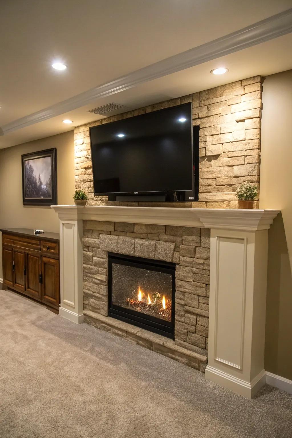 A basement TV feature with a simulated hearth, infusing comfort and ambiance into the amusement space.