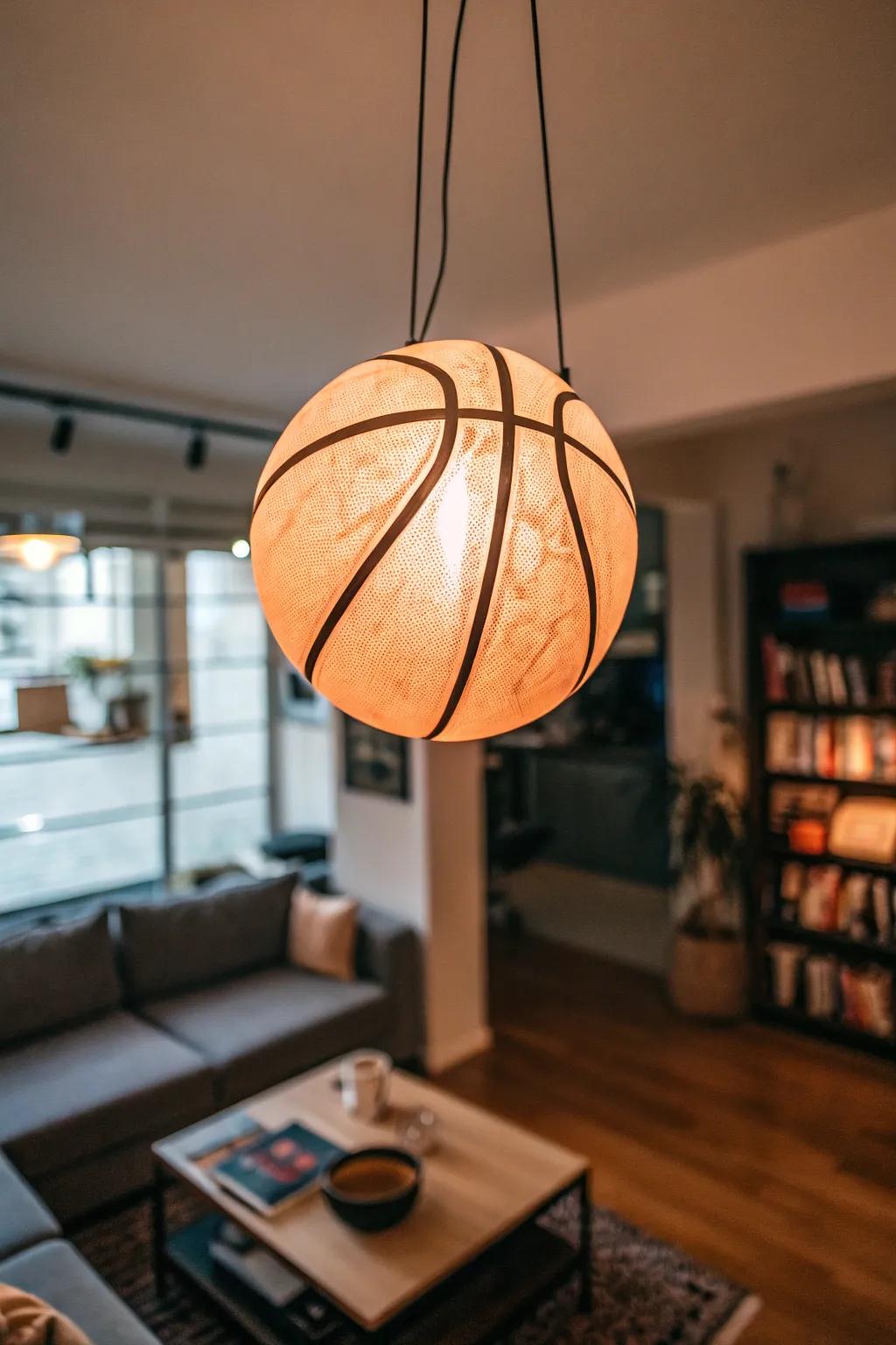 A basketball-shaped light fixture casts a warm glow across the room.