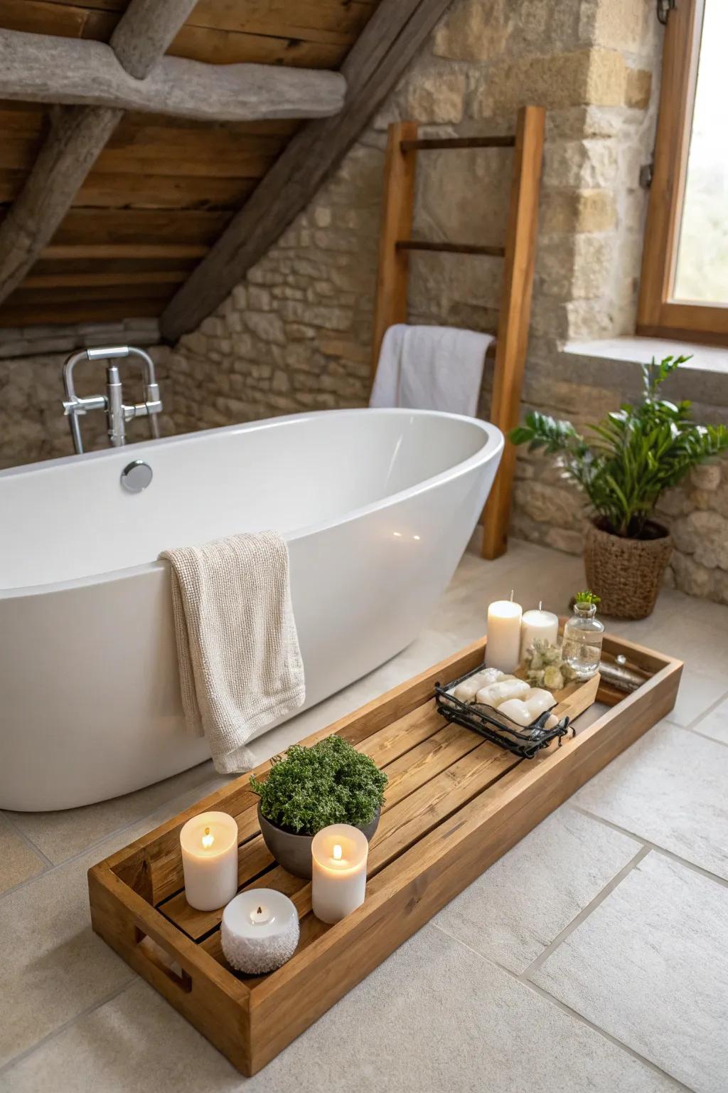 Impart warmth and texture using a traditional timber bath console.