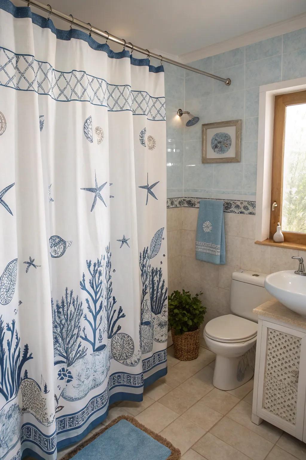 Seaside-themed coverings convey a trace of the seaside to your restroom.