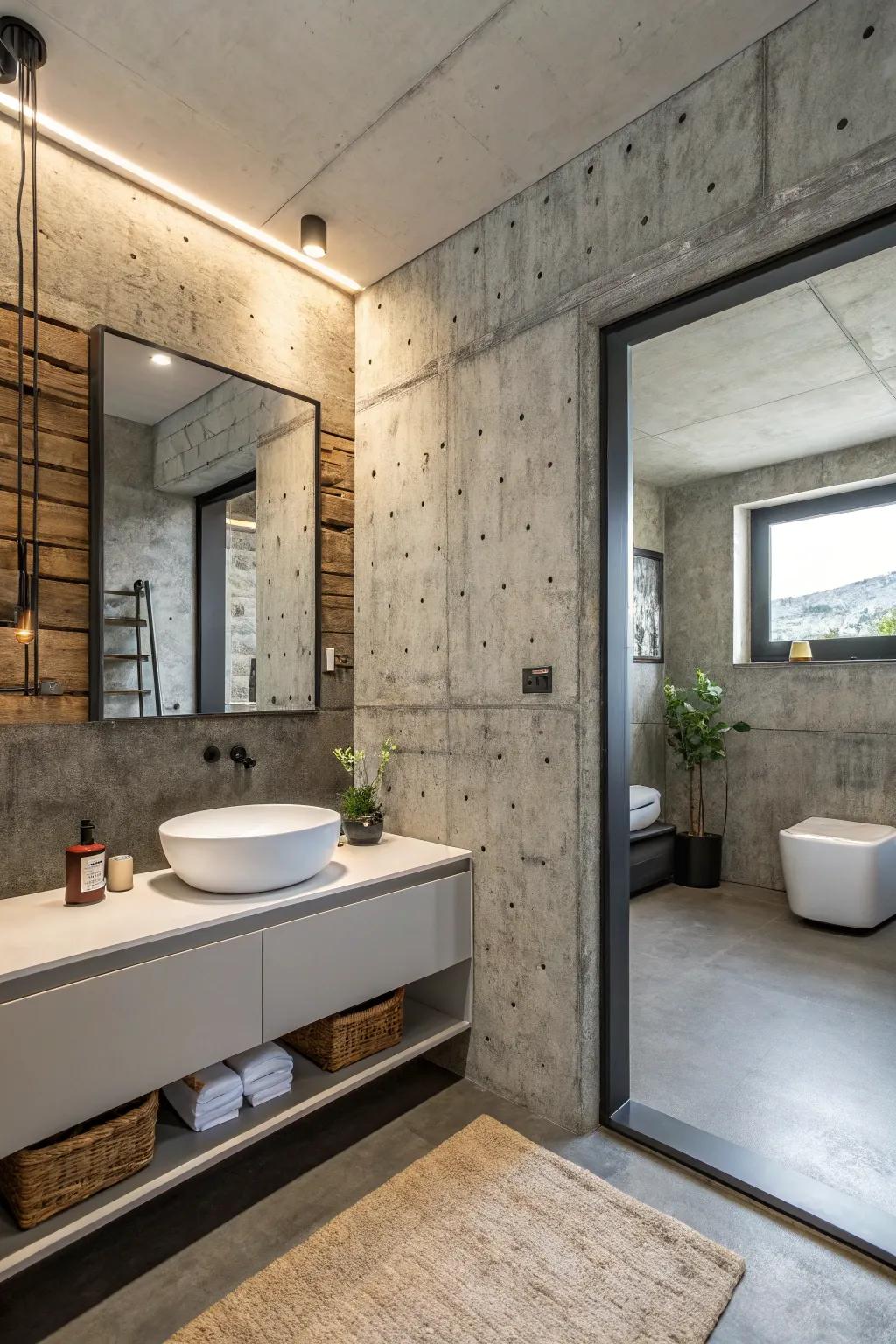 Textured concrete walls add a contemporary edge to bathroom designs.