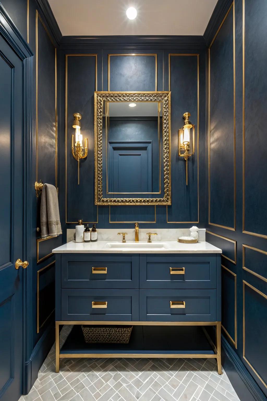 Navy blue walls create a strong and dramatic bathroom feel.