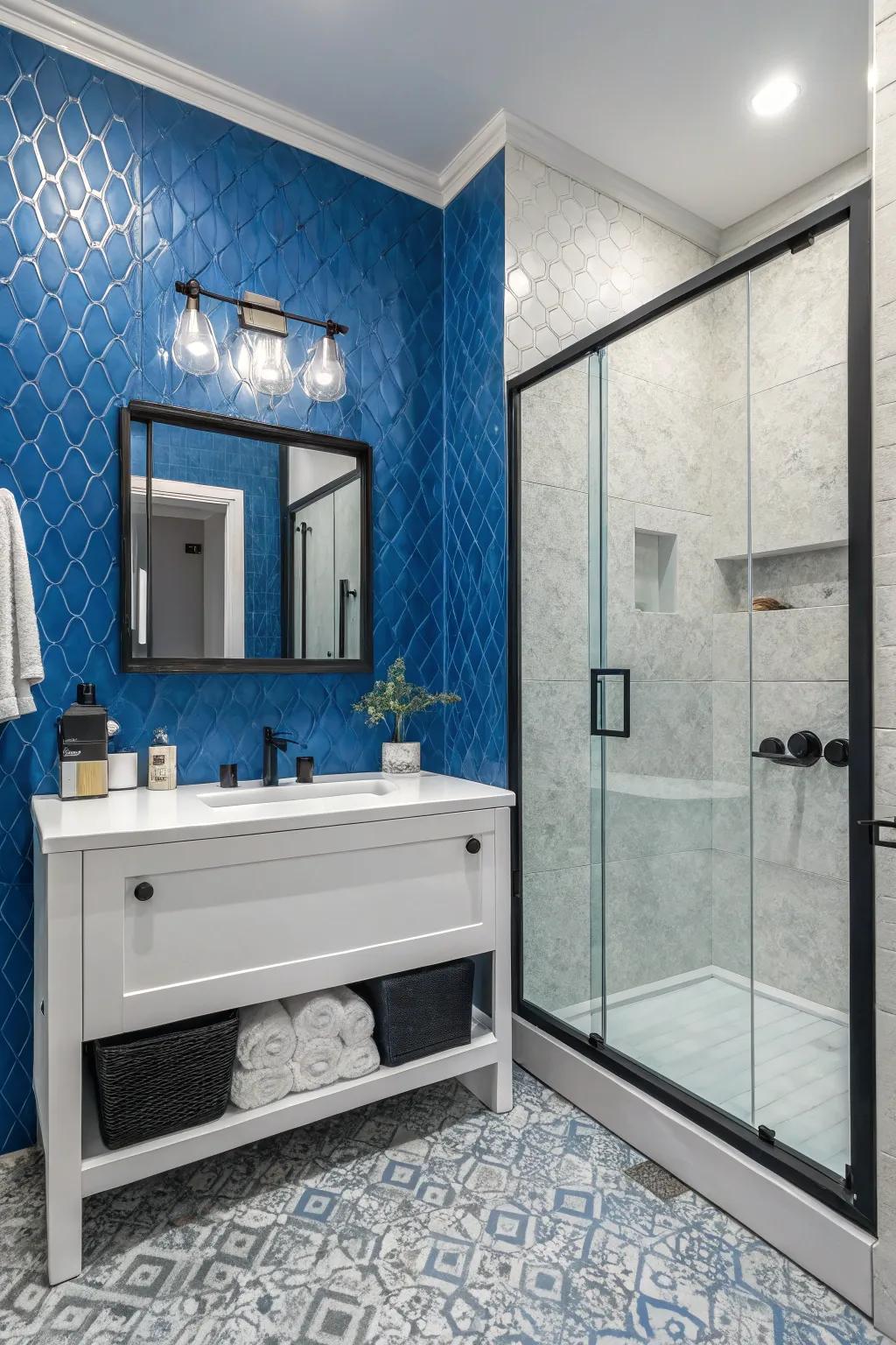 A bold and textured bathroom with lively blue walls.