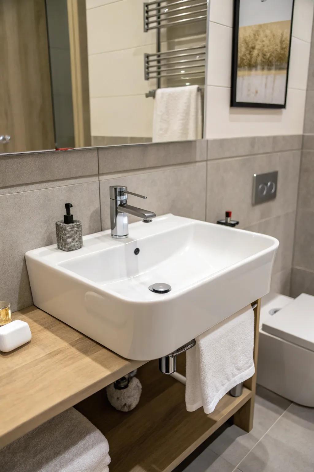 A wall-mounted sink maximizes space with a minimalist design.
