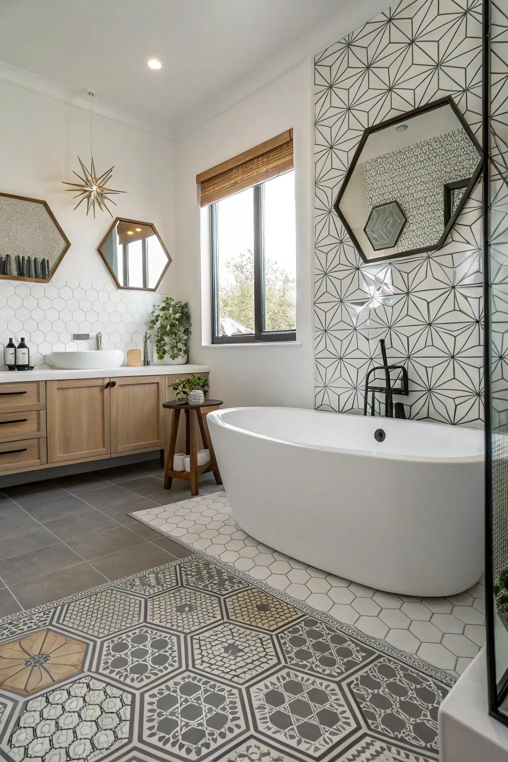 Hexagonal resilient flooring gives a modern and stylish element to this bathroom.