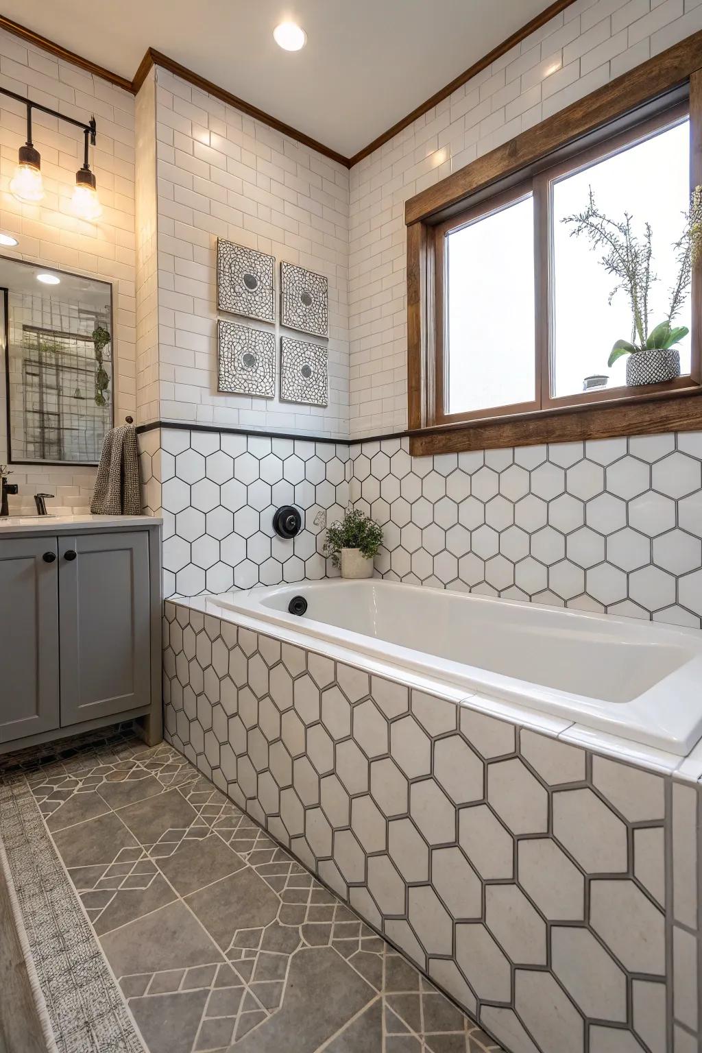 Hexagonal accents lend a fashionable flair to this tub area.