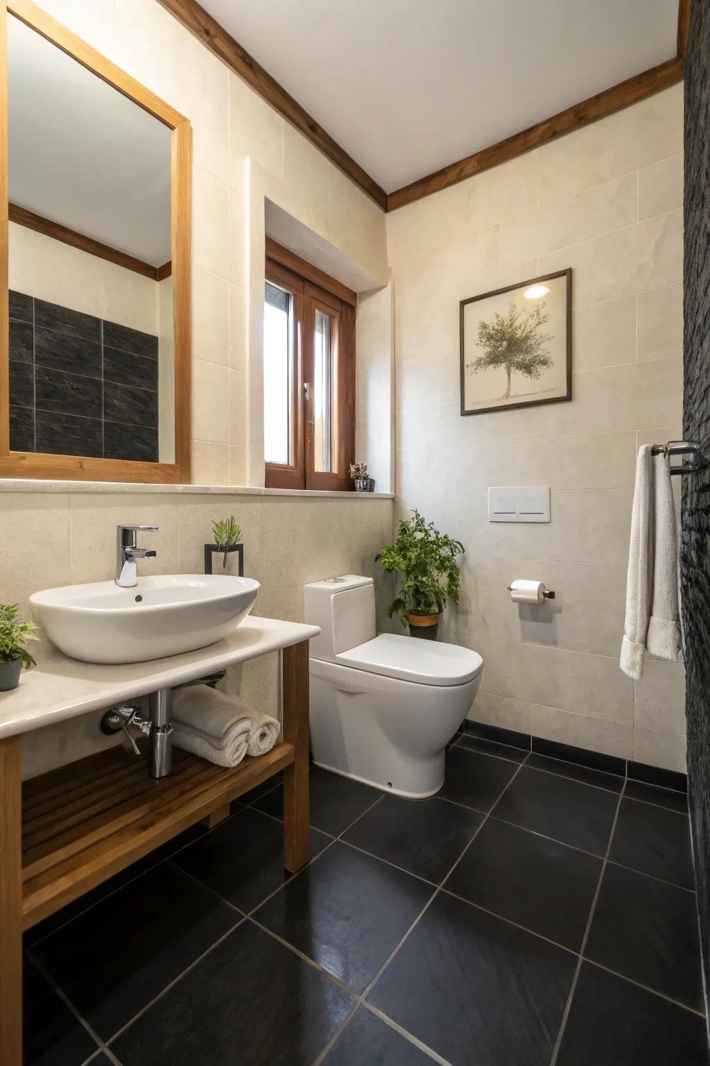 A minimalist approach enhances the sophistication of a black floor.