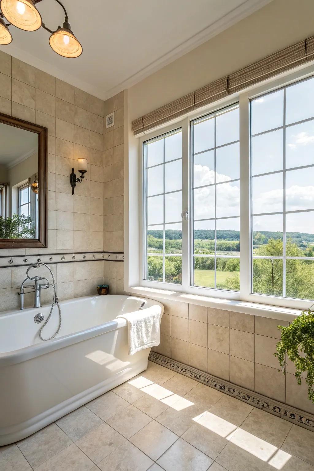 A bright bathroom with natural light enhancing the tub area.