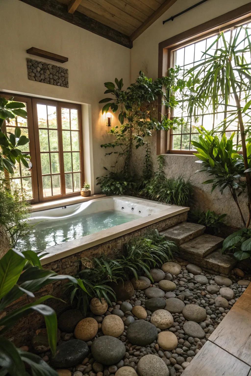 Create a peaceful, spa-like atmosphere with natural elements around your bathtub.