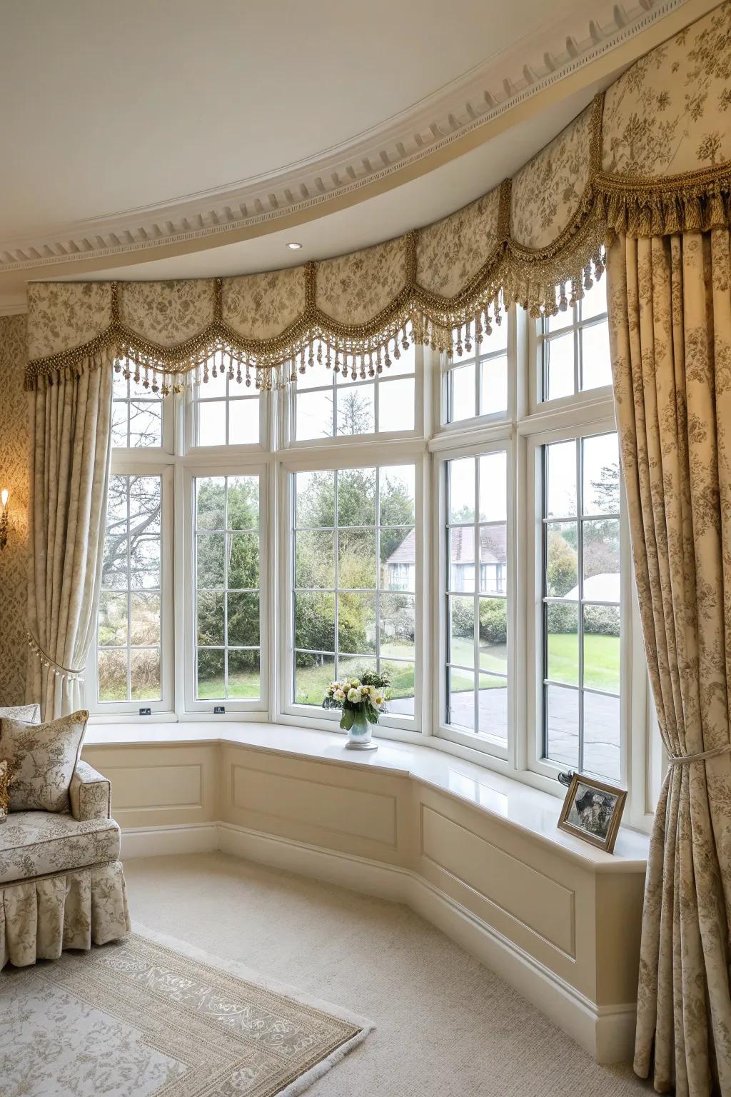 Valances and cornices add a sophisticated touch to bay windows.