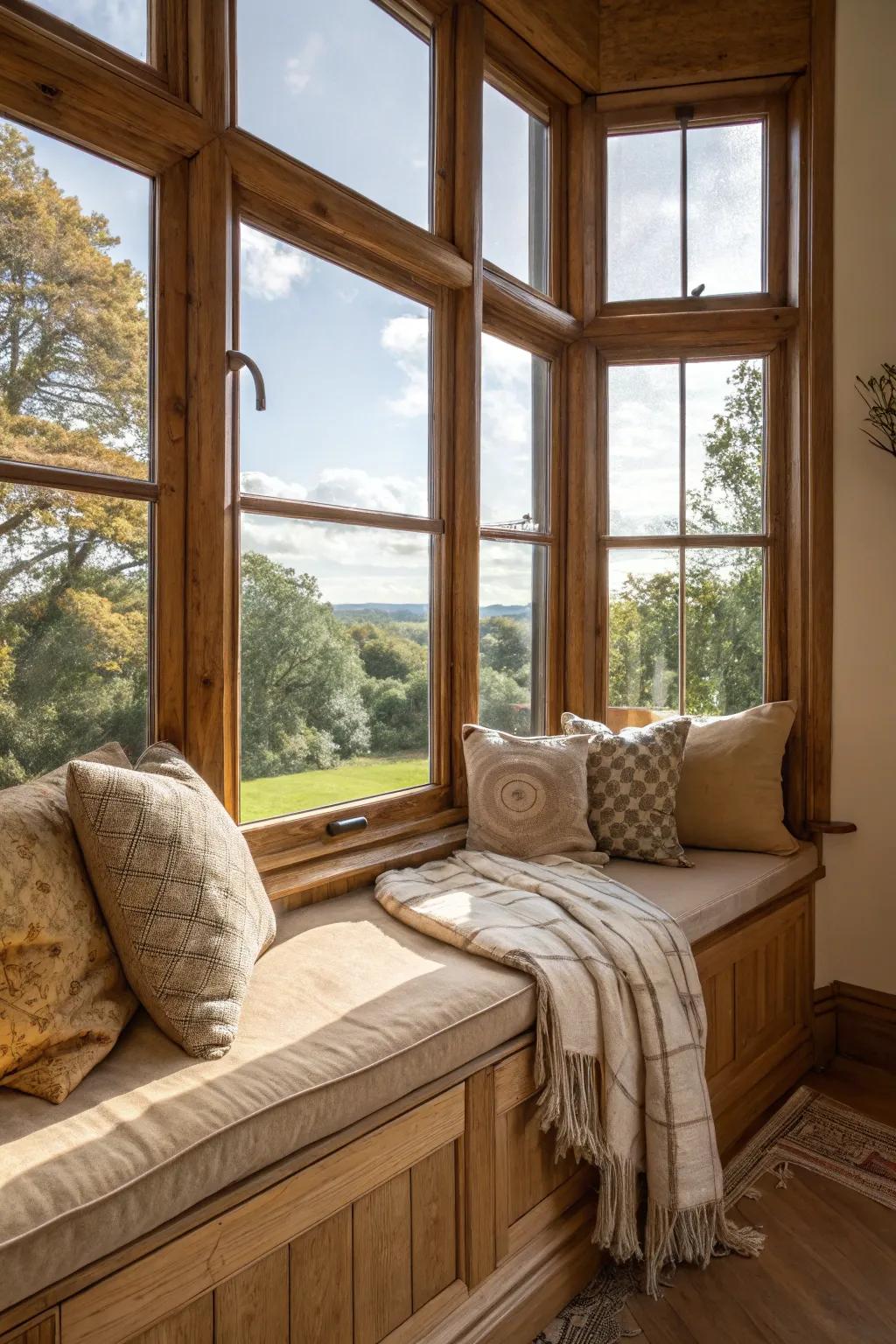 Breathe rustic warmth into your bay window through earthy and organically textured cushions.