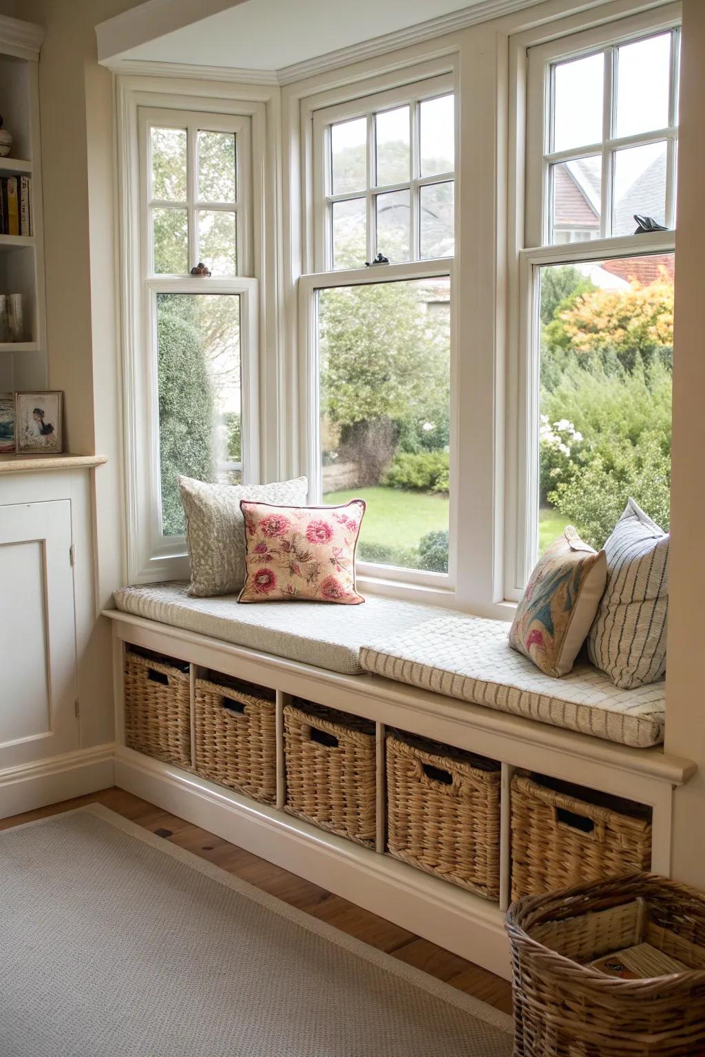 Amplify your space with built-in storage cleverly placed under your bay window seating.