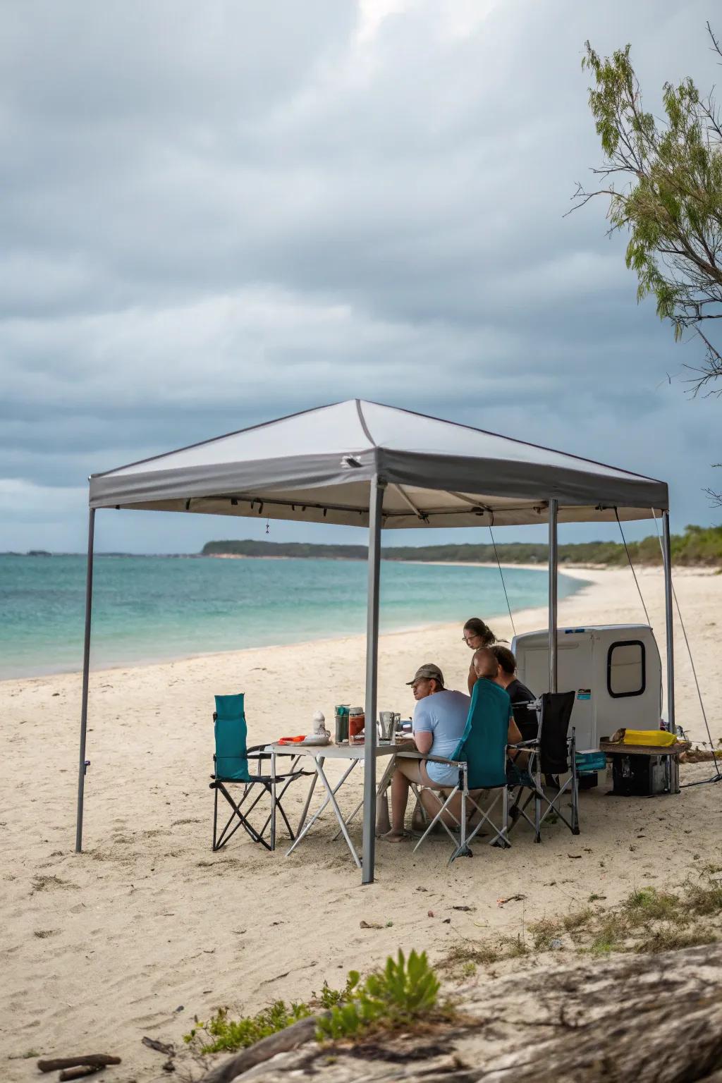 Portable awnings offer extensive shade suitable for beach picnics.