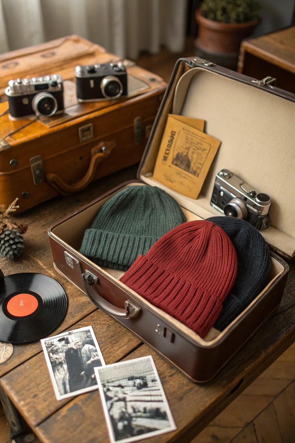 A vintage trunk adds whimsy, transforming your beanie display into a conversation-sparking vignette.