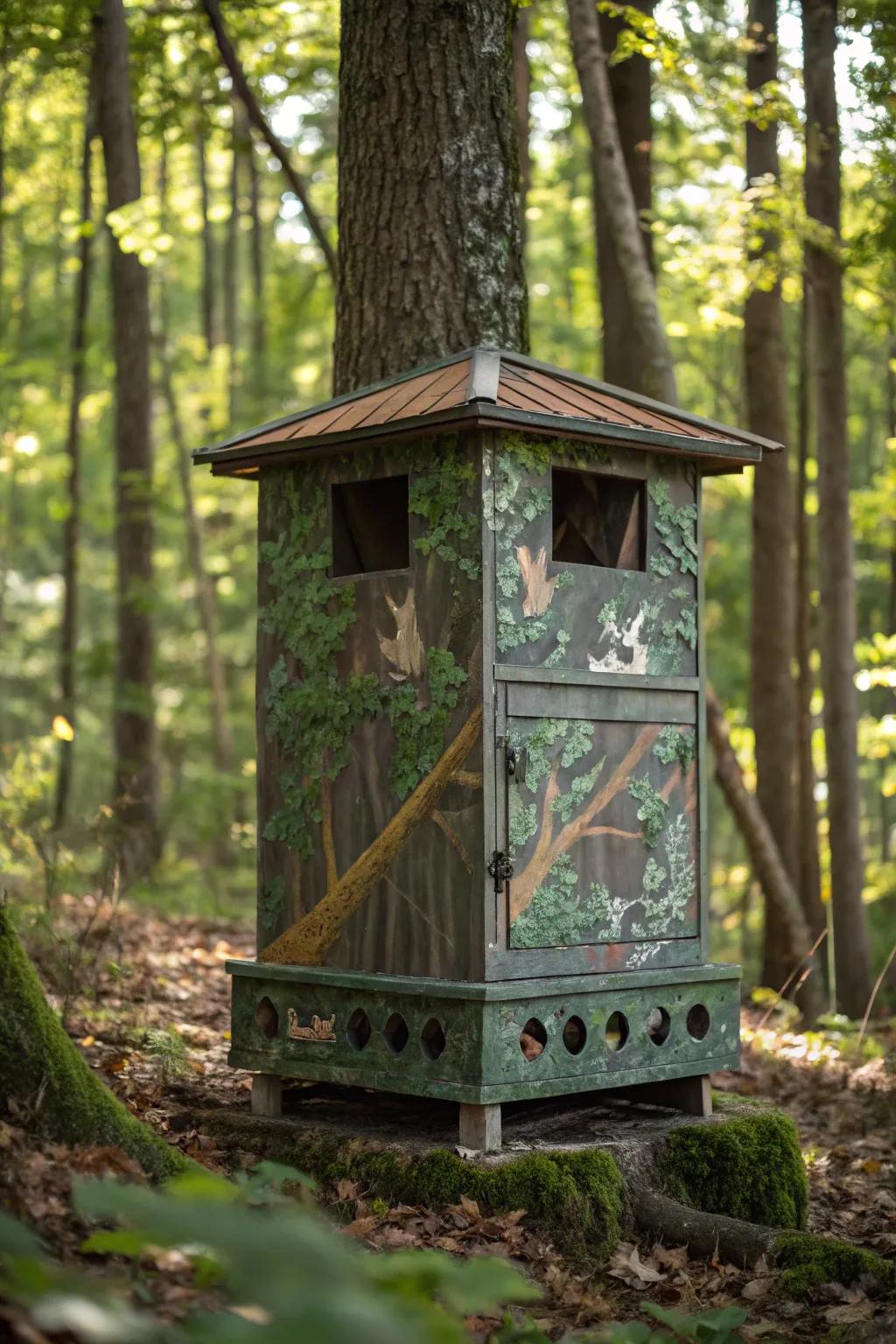 Learn to blend in: A deer feeder designed for the outdoorsman that disappears into the forest.