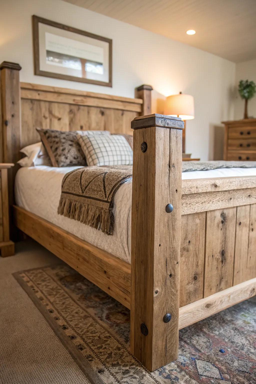 A reclaimed timber bed frame offers a pleasant, farmhouse aesthetic.