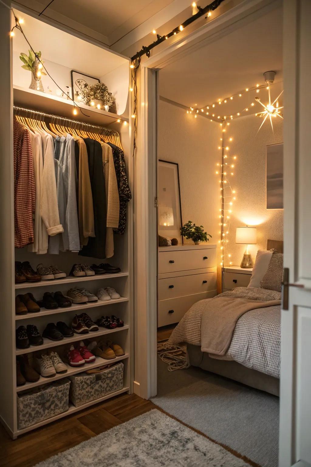 Comforting illumination contributes warmth and appeal to your closet bed.