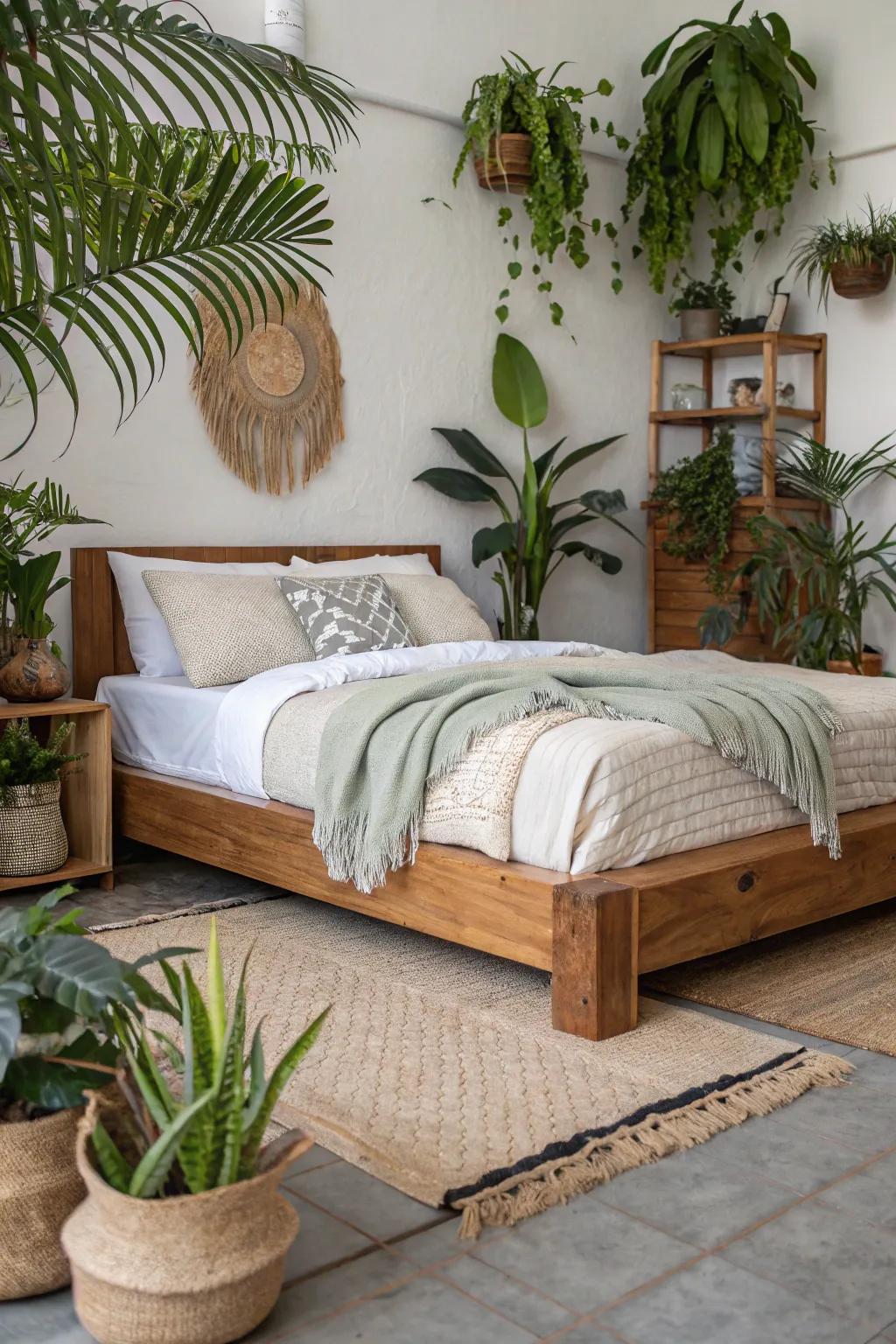 Natural components such as wood and plants infuse warmth and vitality.