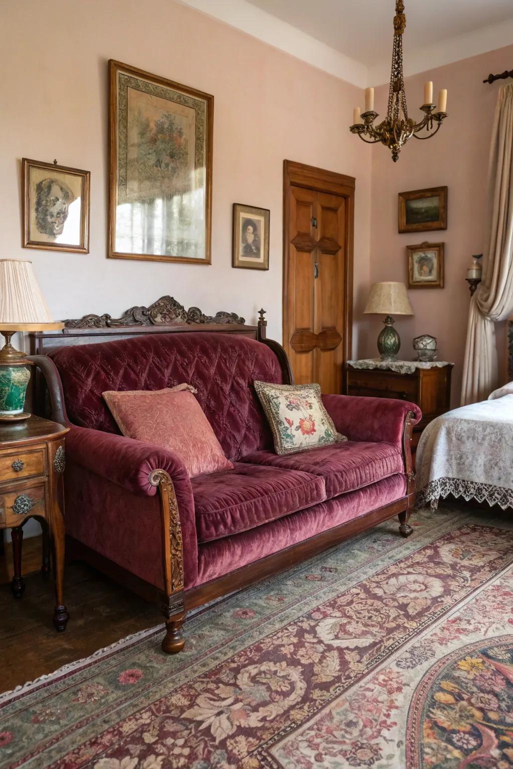A vintage plush settee in a bedroom, radiating elegance.