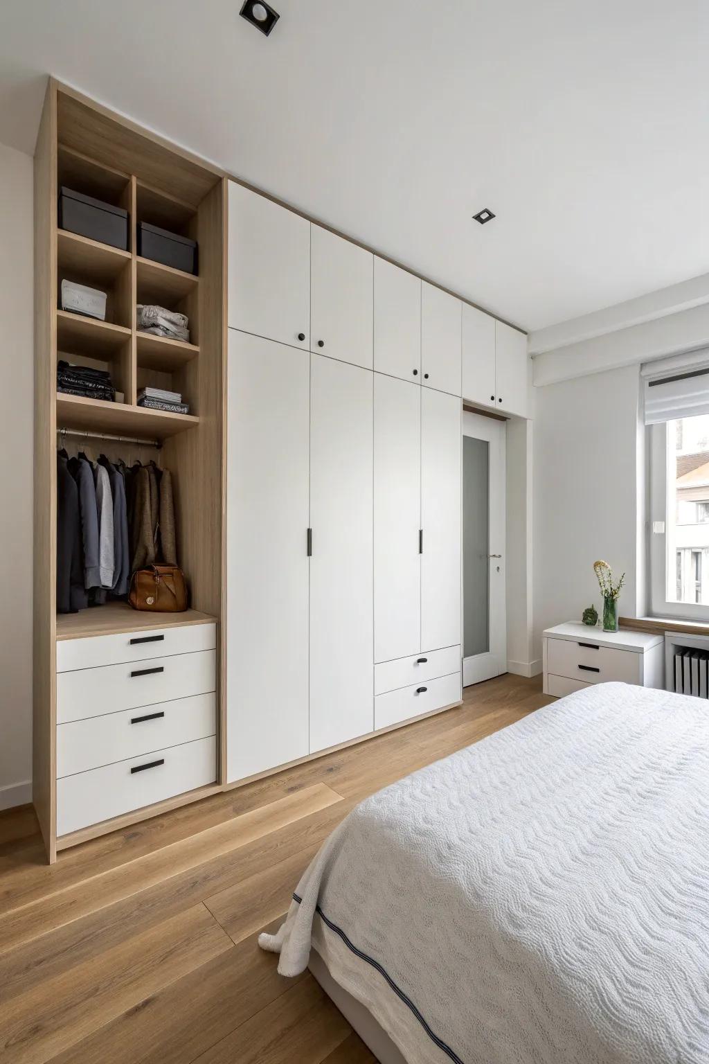 Integrated storage maintains a bedroom's neatness.