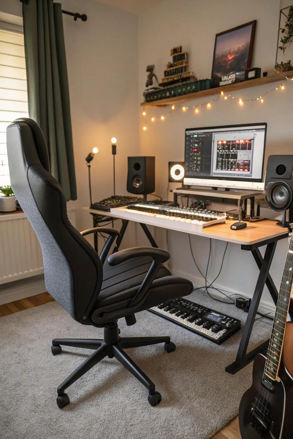 Ergonomic seating is crucial for comfort during extended music production moments.