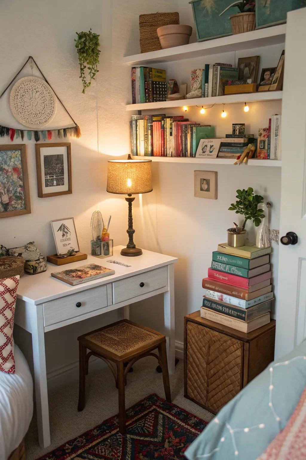 A custom bedroom nook including books and decorations that highlight personal flair.