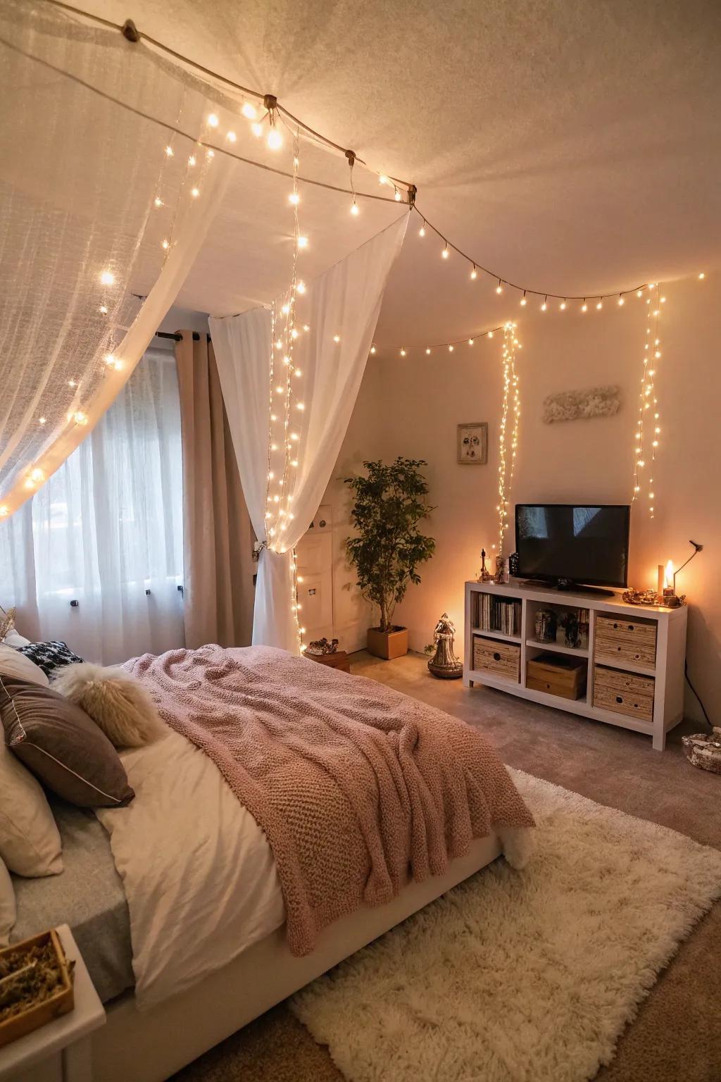 Gentle lighting establishes the perfect mood for a serene TV experience.