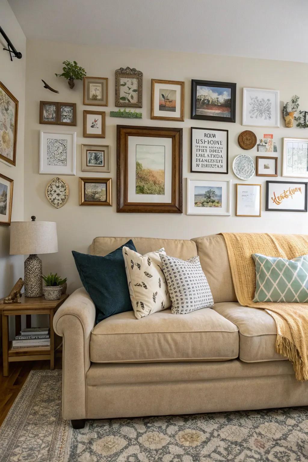 A creative wall-mounted display gives uniqueness to a living space with a wheat-toned sofa.