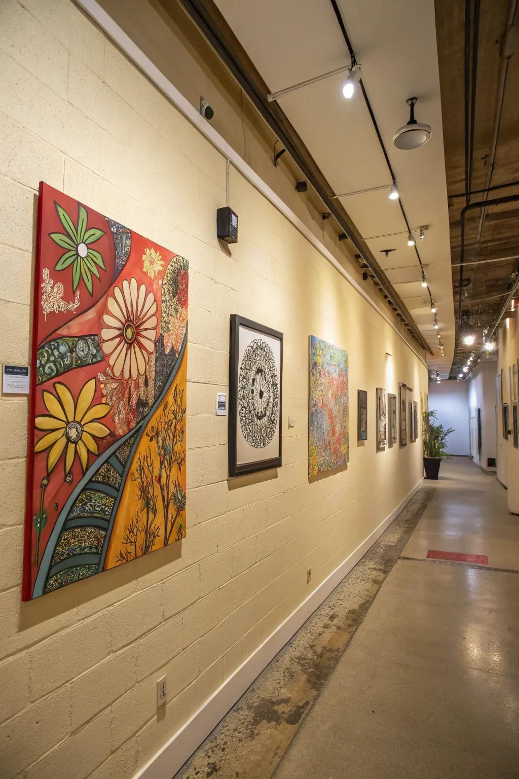 Beige partitions exhibit vivid artistic expressions, imbuing character into the expanse.