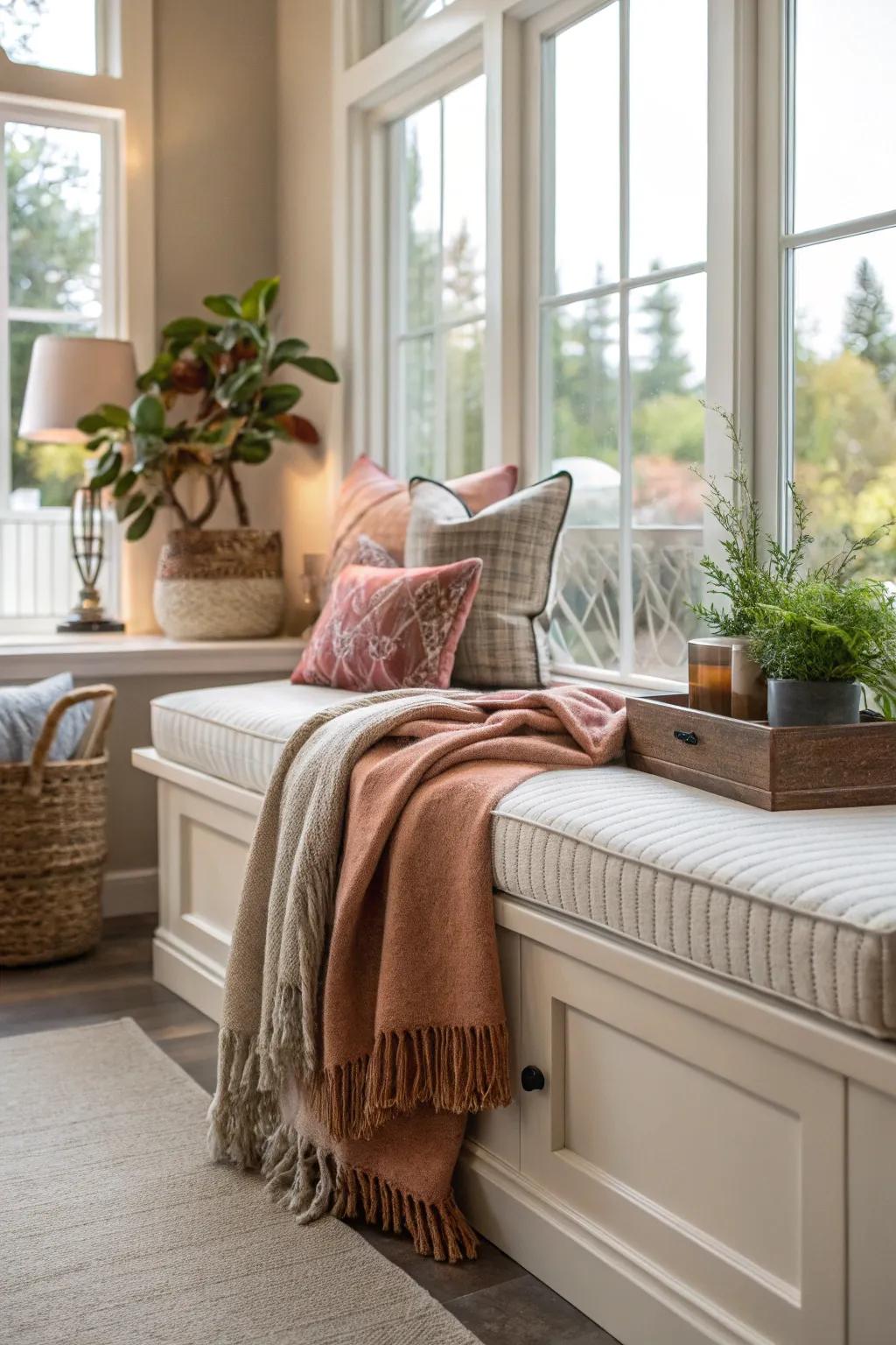 A throw layered over seats adds warmth and feel to your bench.
