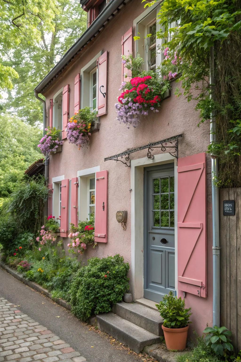 The use of gentle rose adds a whimsical charm to this lovely abode.