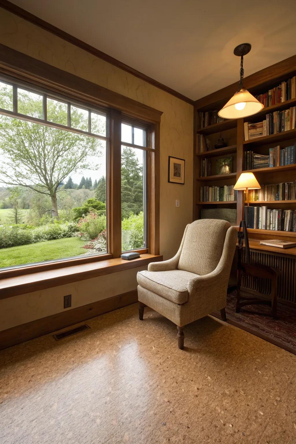 Serene study featuring soft cork flooring