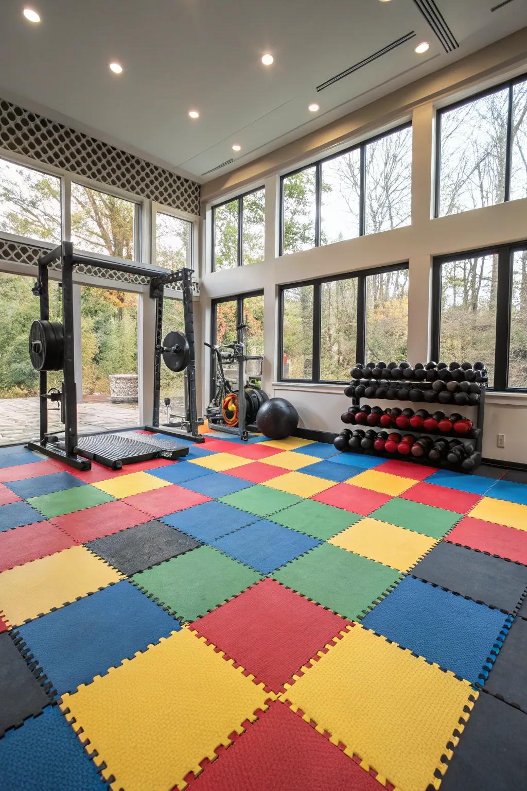 Patterned ground covering elevates your gym's aesthetic and utility.