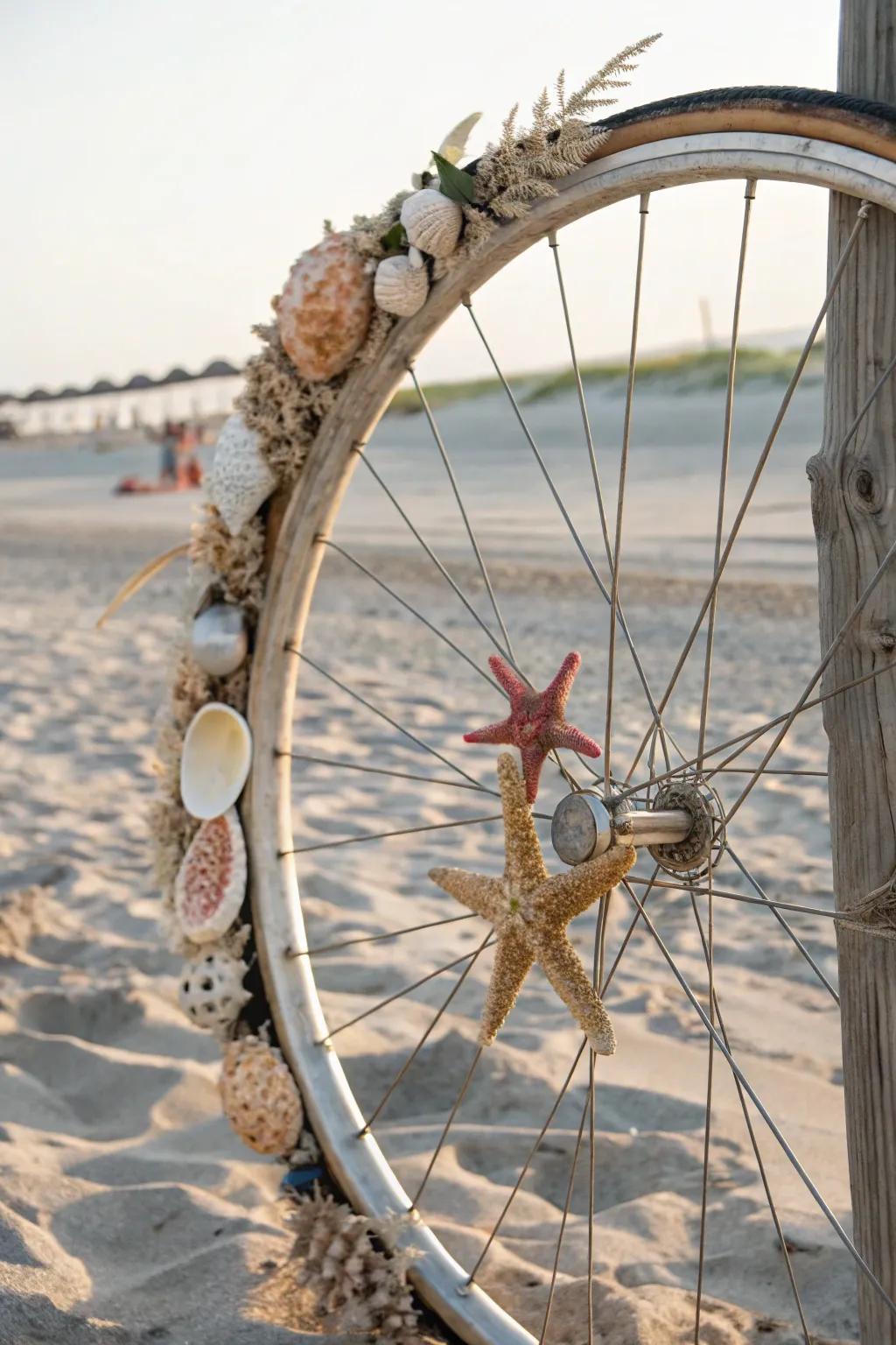 A beachy bicycle wreath with seashells and starfish, perfect for a coastal home.