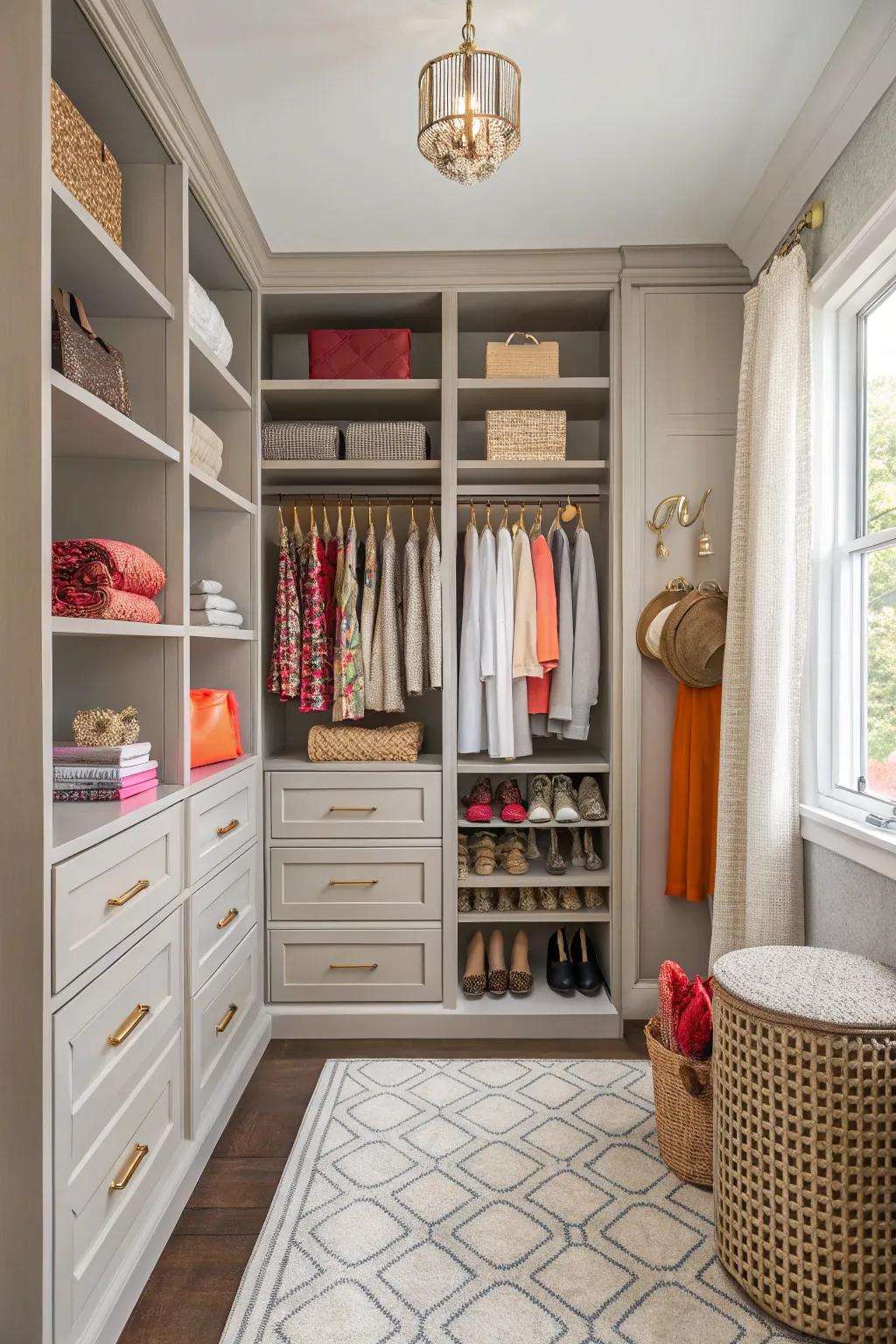 A closet with a harmonious color scheme featuring neutral and bold accents.