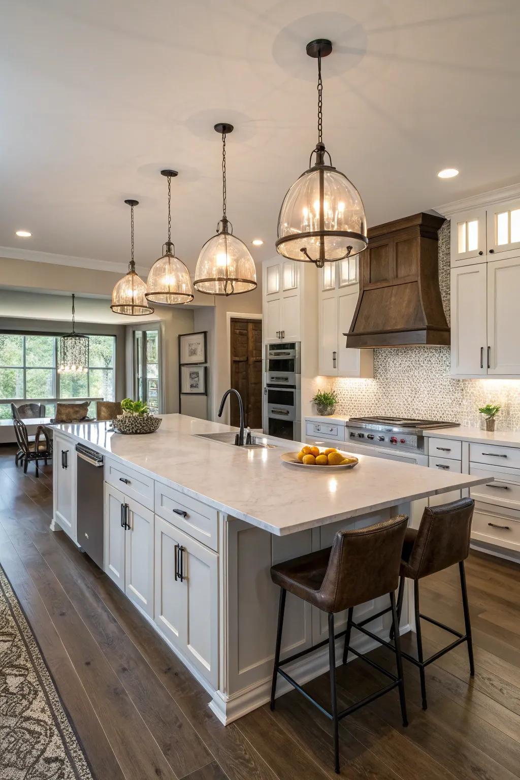 Impressive lighting lends elegance to any kitchen setting.