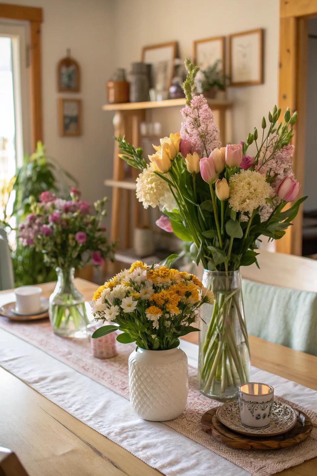 An exquisite floral arrangement highlighting seasonal flowers atop a table in a home.