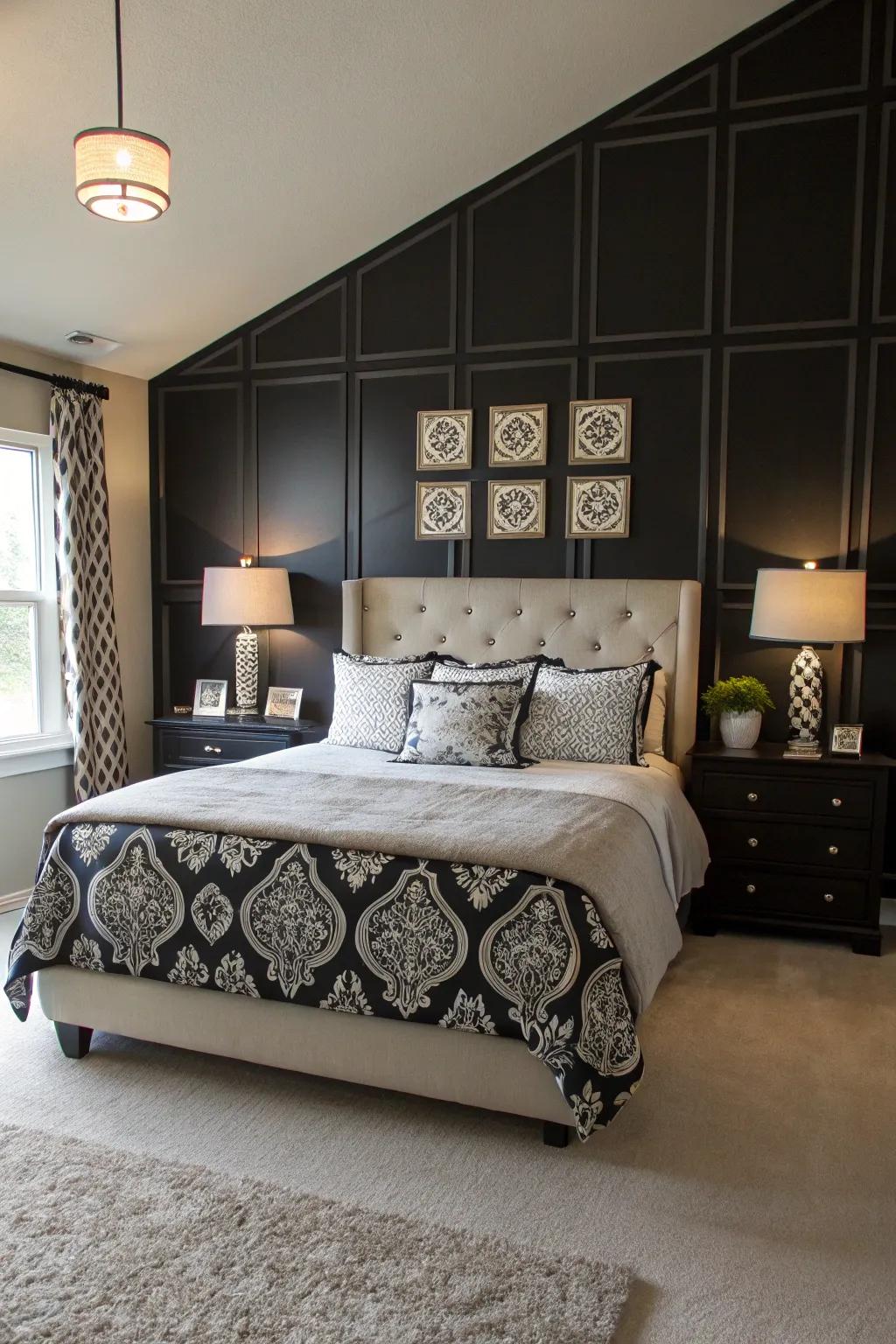 Symmetrical design aspects foster harmony alongside a black statement wall.