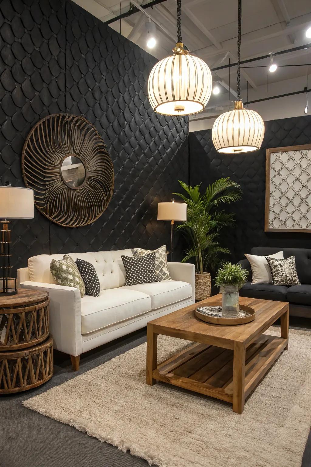 A room showcases a textured black accent wall, enhancing its depth and character.