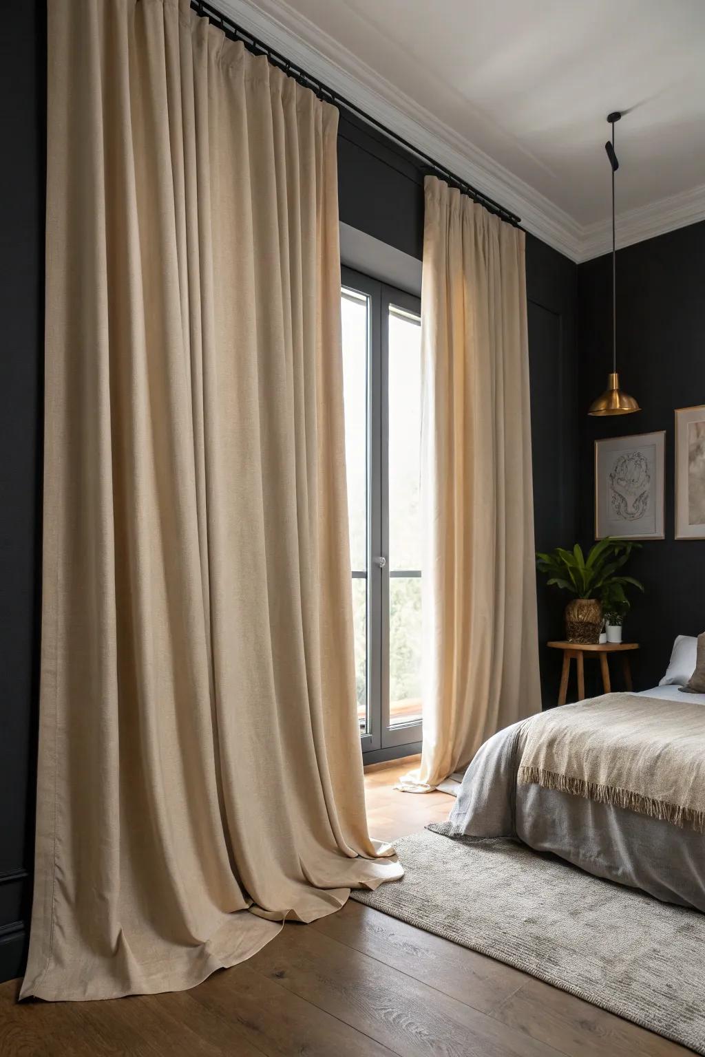 Cream window coverings soften up the space and wonderfully offset darker walls.